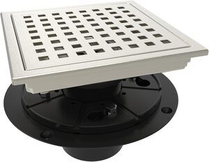 6 Inch Square Shower Drain & Flange, Quadrato, Stainless Steel, Brushed Nickel